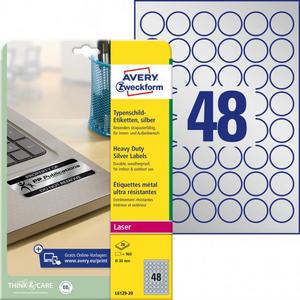 Etikety polyesterové kruhové priemer 30mm Avery A4 strieborné 20 hárkov - Plastobal