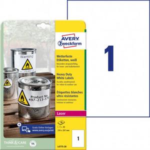 Etikety polyesterové 210 x 297mm Avery A4 biele 20 hárkov - Plastobal