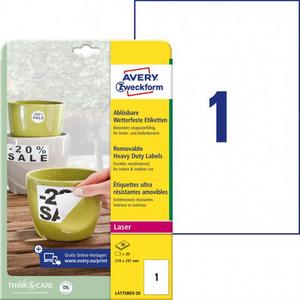Etikety polyesterové 210x297mm Avery A4 biele odnímateľné 20 hárkov - Plastobal