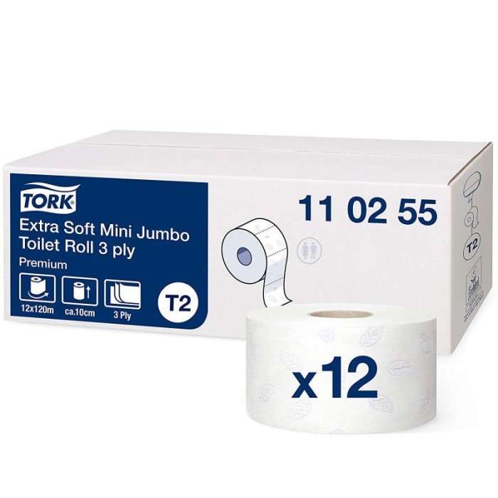 Toaletný papier Tork Mini Jumbo extra jemný 3-vrstvový T2 Premium + recykel Biel 12ks - Plastobal